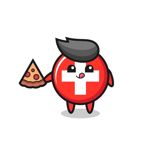 Cute switzerland flag badge cartoon eating pizza