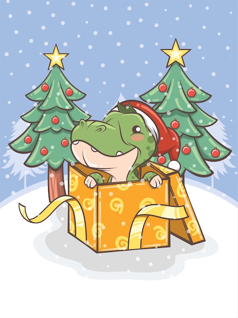 Simpatico t-rex (tirannosauro rex) con una confezione regalo e albero di natale - illustrazione del personaggio dei cartoni animati