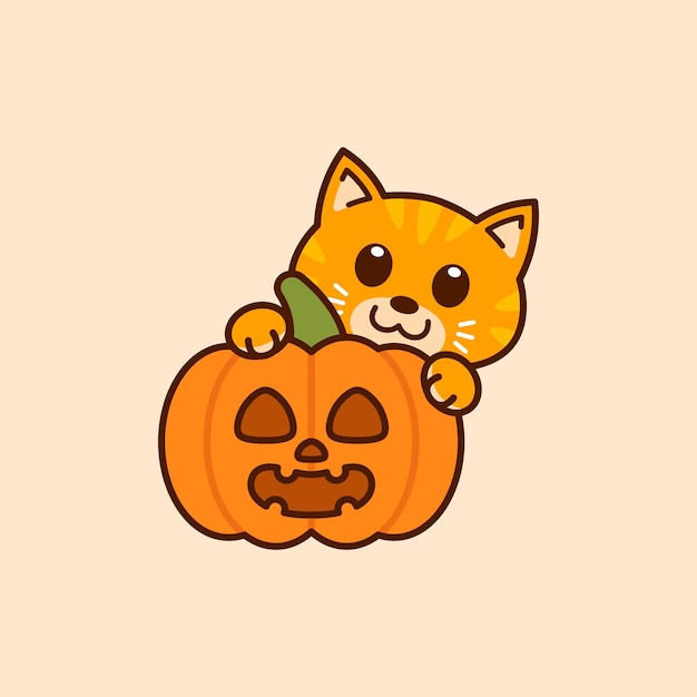 Cute Tabby Cat With Jack o Lantern Pumpkin