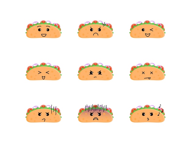 Set di simpatiche illustrazioni di taco con varie espressioni