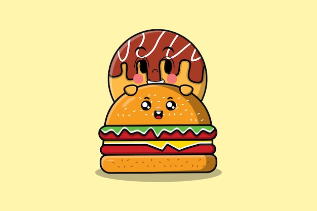 Cute Takoyaki cartoon character hiding in burger illustration in flat modern design