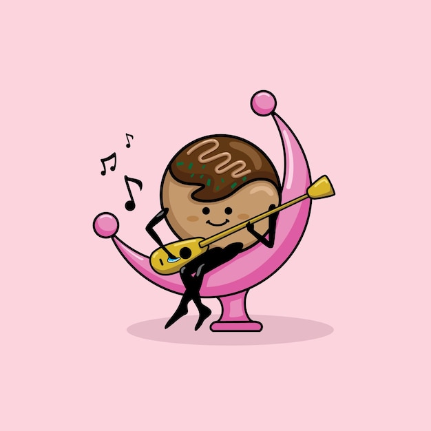 cute takoyaki food playing the guitar illustration vector