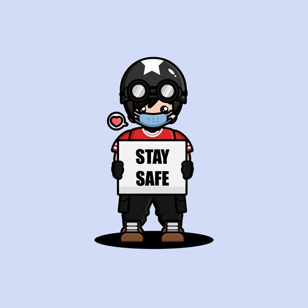 cute tank man wearing mask and stay safe sign