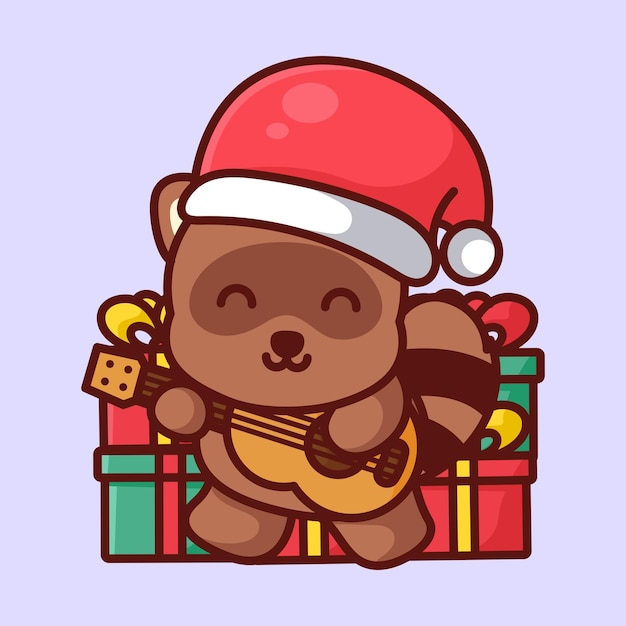 Vector cute tanuki wearing christmas hat