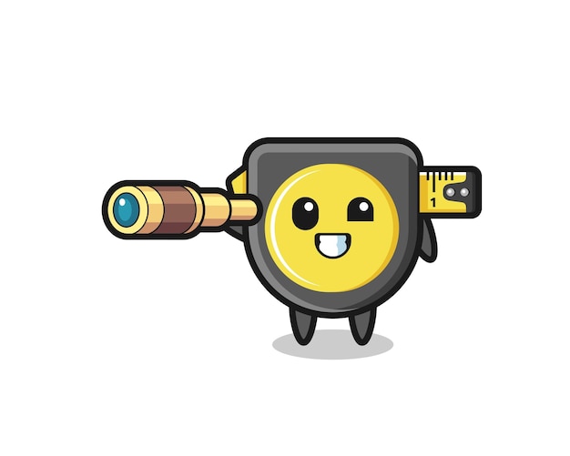 Cute tape measure character is holding an old telescope