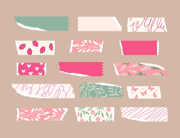 Vettore cute tape strip washi ripped paper collection scrapbook floral kids element (collezione di carta strappata washi)