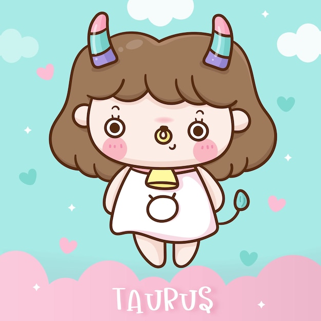 Simpatico cartone animato tauras zodiac horoscope doodle style kawaii illustration