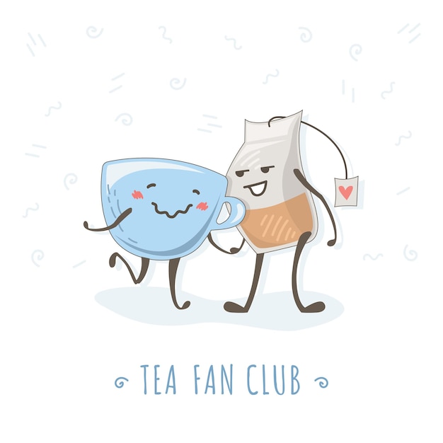 Vector cute tea and a cup walk and hold hands