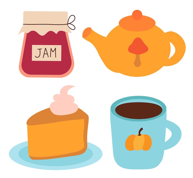 Cute tea time with pumpkin pie Teapot hot cup of tea or coffee berries jam Cozy autumn home