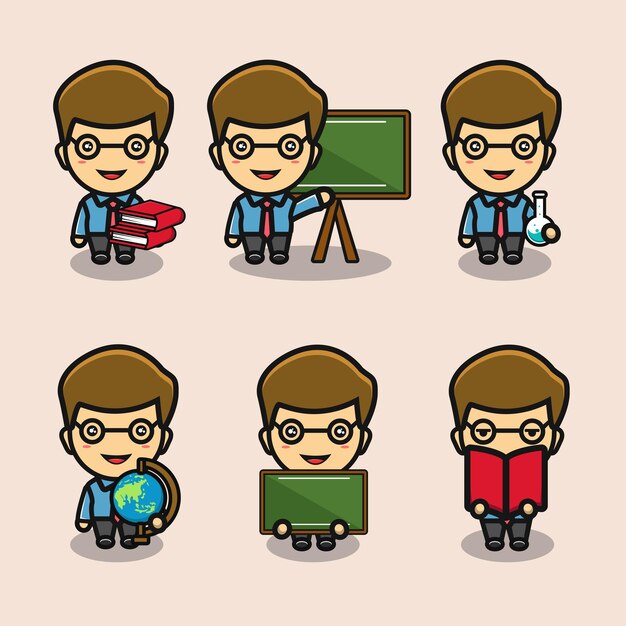 Vector cute teacher boy teaching cartoon set