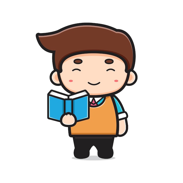 Cute teacher reading book cartoon vector icon illustration. design isolated on white. flat cartoon style.