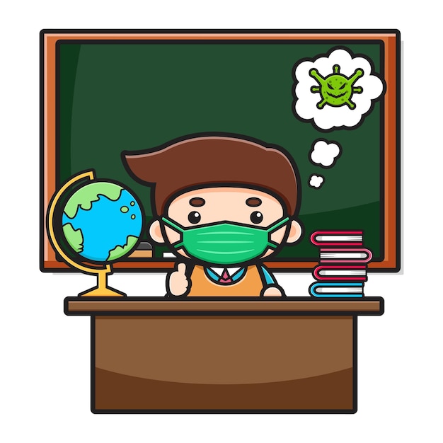 Vector cute teacher sitting in classroom wearing mask cartoon icon illustration. design isolated on white. flat cartoon style.