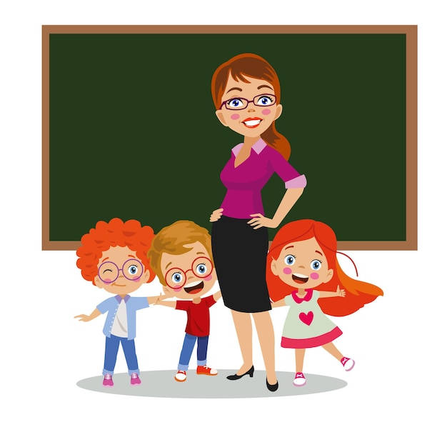 Cute teacher and students teaching in front of classroom lesson board