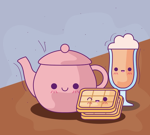 Vector cute teapot with delicious food kawaii style