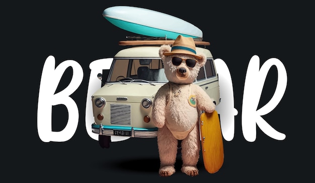 Cute teddy bear next to a car with a surfboard Funny charming illustration of a teddy bear