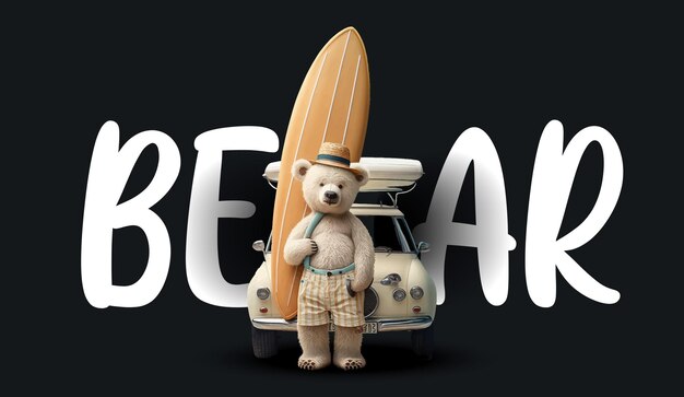 Cute teddy bear next to a car with a surfboard Funny charming illustration of a teddy