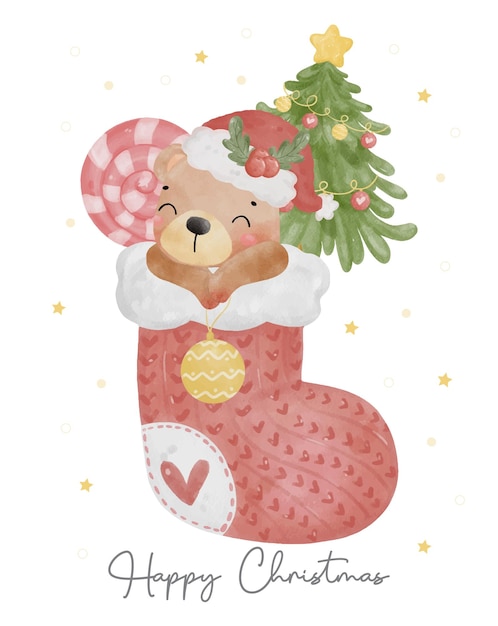 Cute teddy bear in Christmas stocking sock with pine tree and candy Christmas animal watercolour illustration vector