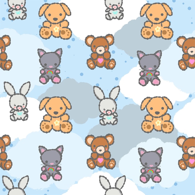 Cute Teddy Bear In The Clouds Background Pattern Seamless