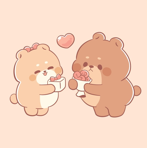 Cute teddy bear couple valentines day kawaii cartoon illustration