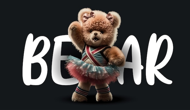 Cute teddy bear dressed dressed as a cheerleader Funny charming illustration of a teddy bear on a black background Print for your clothes or postcards Vector illustration