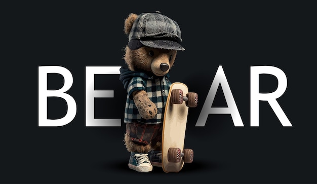 Cute teddy bear dressed in a plaid wide shirt Funny charming illustration of a teddy bear on a black background Print for your clothes or postcards Vector illustration