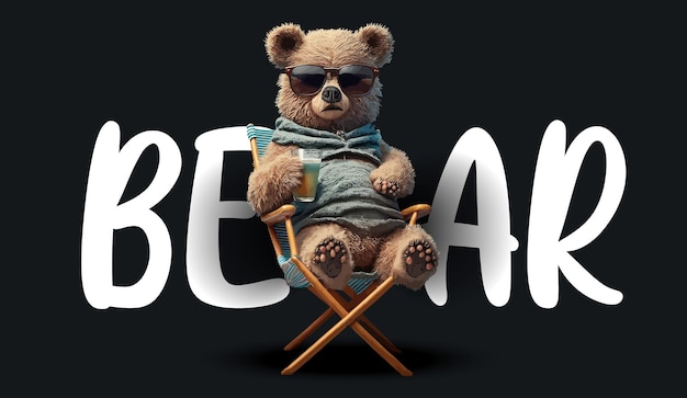 Cute teddy bear dressed in shorts sunglasses sitting on a sun lounger Funny charming illustration of a teddy bear on a black background Print for your clothes or postcards Vector illustration