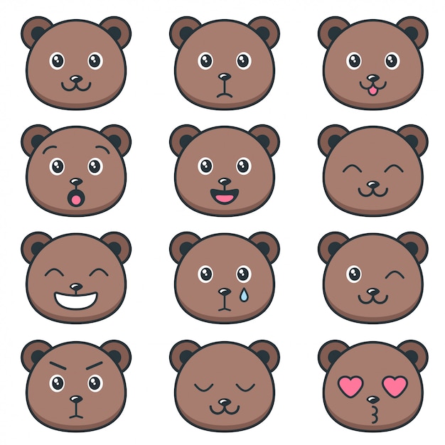 Vector cute teddy bear faces with different emotions