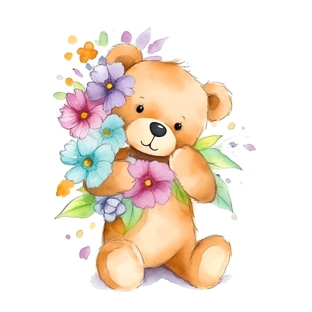 Cute Teddy bear and flowers watercolor paint