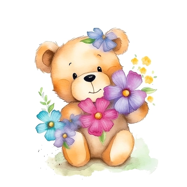 Cute Teddy bear and flowers watercolor paint