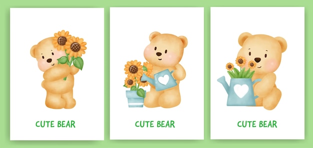 Cute teddy bear greeting card set in water color style.