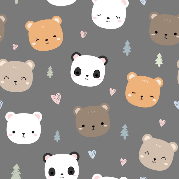 Cute teddy bear head cartoon doodle seamless pattern