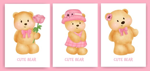 Vector cute teddy bear holding a flower card set in water color style.