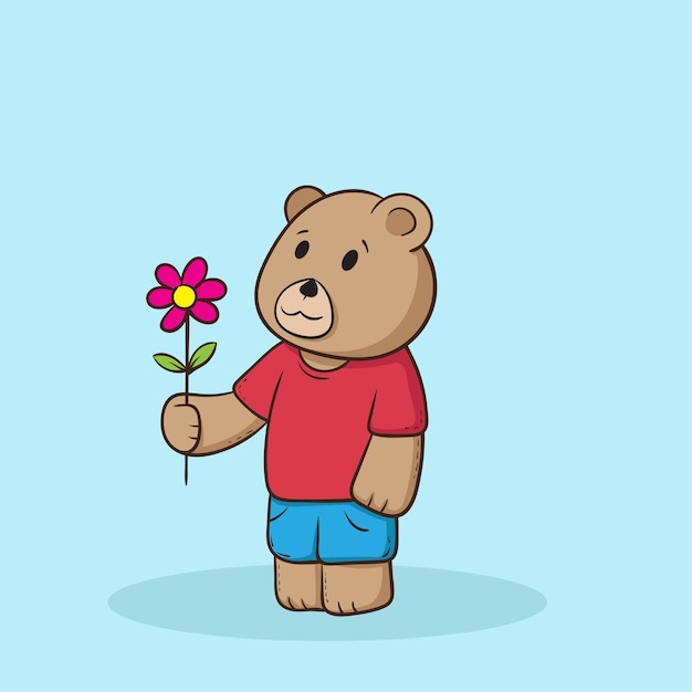 Illustrazione sveglia del fumetto del fiore della tenuta dell'orsacchiotto