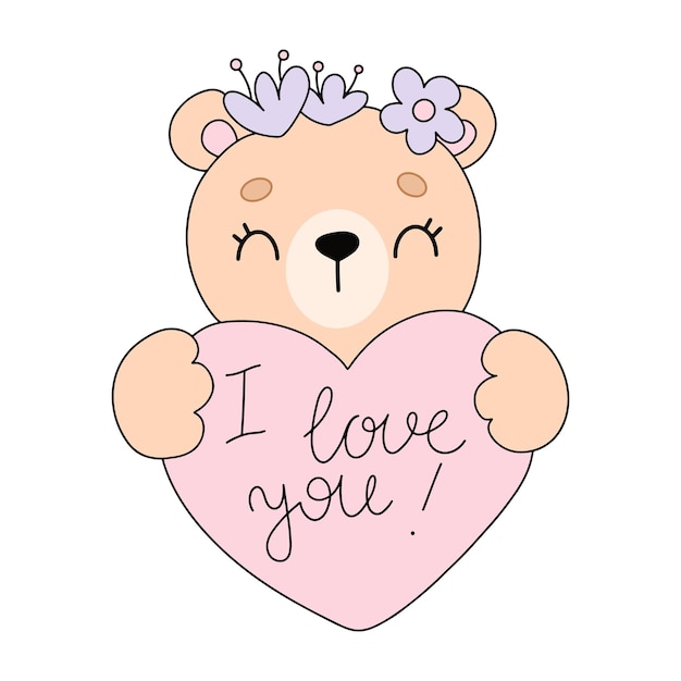 Vector cute teddy bear holding a heart with the text i love you