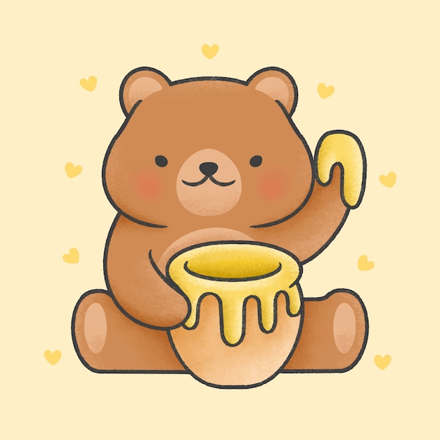 Cute teddy bear holding honey jar cartoon hand drawn style