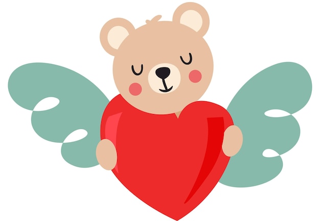 Cute teddy bear holding a red heart with wings