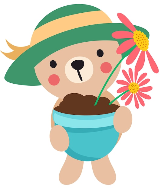 Cute teddy bear holding a vase with flowers