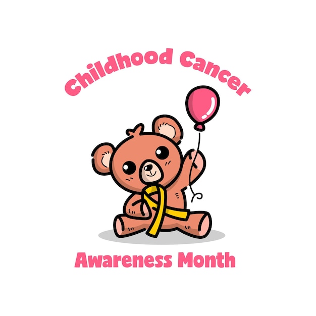 L'orso sveglio tende un palloncino e un nastro giallo. logo di consapevolezza del cancro infantile