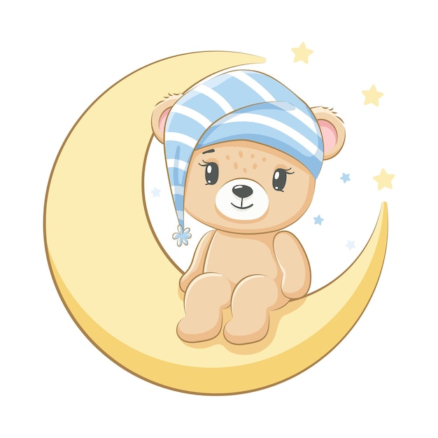 A cute teddy bear is sitting on the moon. for a boy. vector illustration of a cartoon.