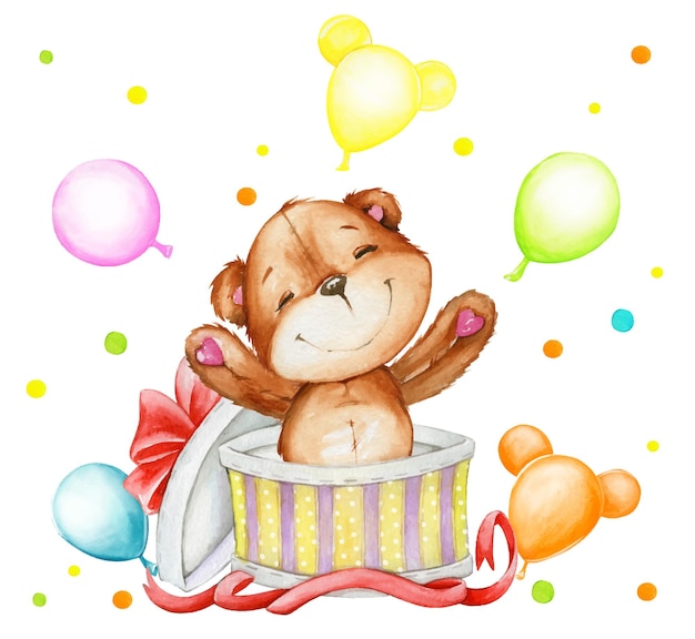 Cute teddy bear jumping out of the box balloons Watercolor clipart for a birthday in cartoon style on an isolated background