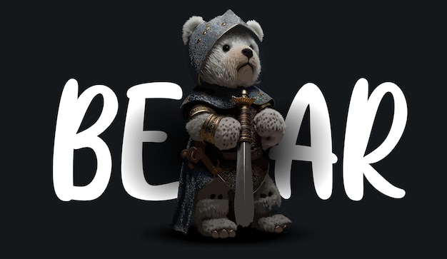 Cute teddy bear in knight armor Funny charming illustration of a teddy bear on a black background Print for your clothes or postcards Vector illustration