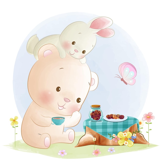 Cute teddy bear and little bunny tea party