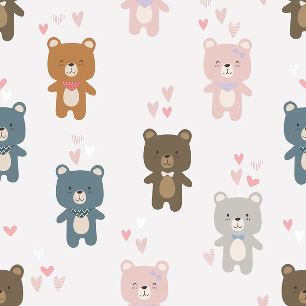 Cute teddy bear lover cartoon doodle seamless pattern