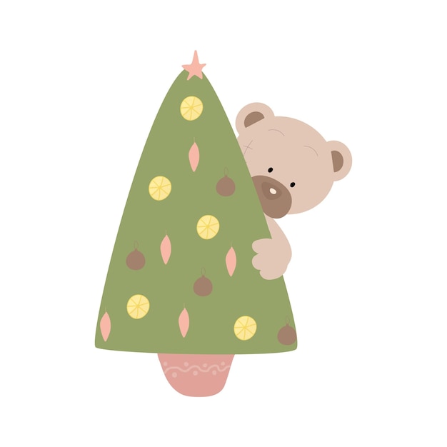 Cute teddy bear peeking out of the Christmas tree