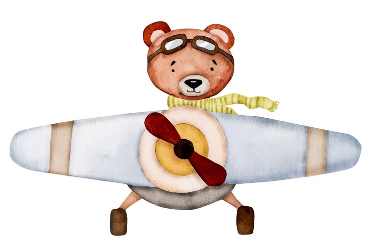 Cute teddy bear pilot flying in plane watercolor painting for postcard cartoon animal aquarelle