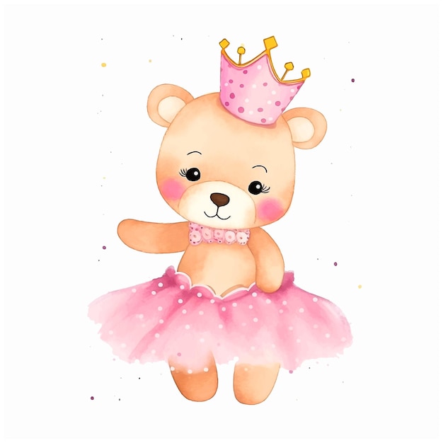 Cute teddy bear princess vector watercolor painted ilustration
