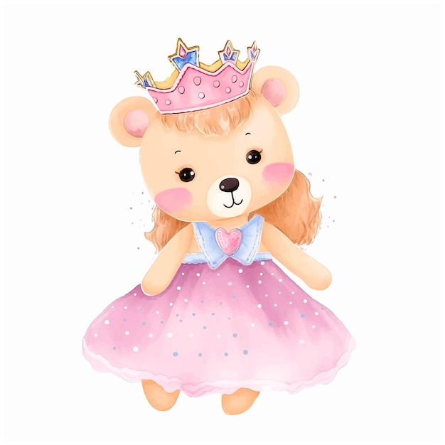 Cute teddy bear princess vector watercolor painted ilustration