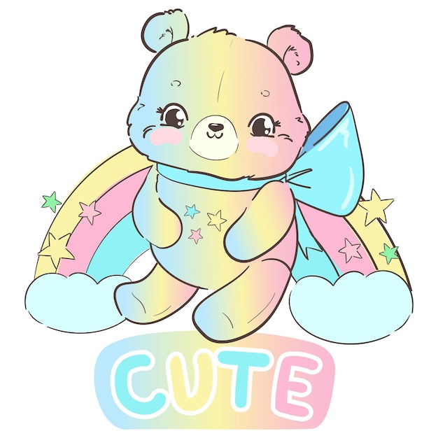 Cute teddy bear and rainbow kids print vector illustration