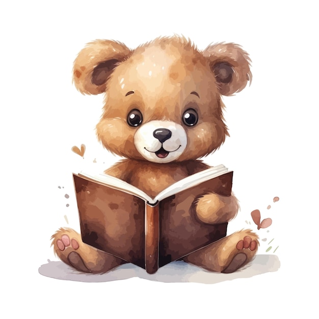 Cute teddy bear reading a book Watercolor illustration