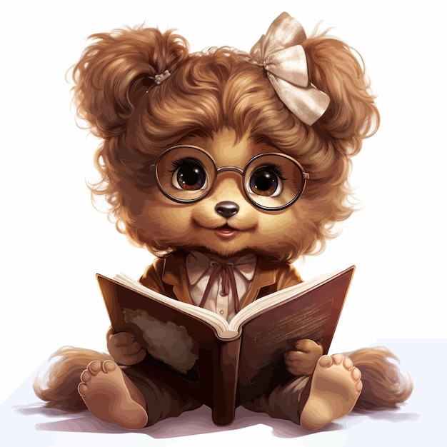 Cute teddy bear reading a book watercolor illustration